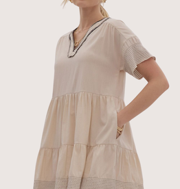 ENTRO Ecru Contrast Stitch Tiered Short Sleeve V-Neck Dress