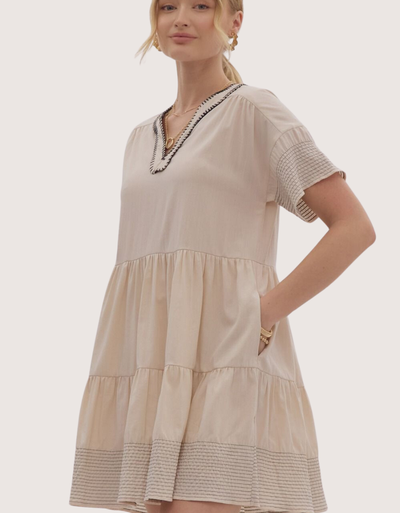 ENTRO Ecru Contrast Stitch Tiered Short Sleeve V-Neck Dress