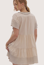 ENTRO Ecru Contrast Stitch Tiered Short Sleeve V-Neck Dress