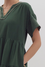 ENTRO Forest Green Contrast Stitch Tiered Short Sleeve V-Neck Dress