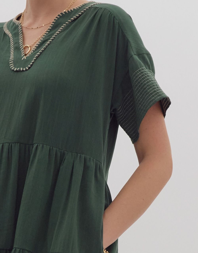 ENTRO Forest Green Contrast Stitch Tiered Short Sleeve V-Neck Dress