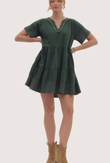 ENTRO Forest Green Contrast Stitch Tiered Short Sleeve V-Neck Dress