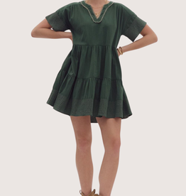 ENTRO Forest Green Contrast Stitch Tiered Short Sleeve V-Neck Dress