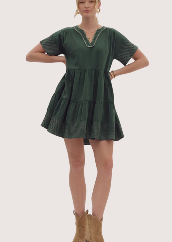 ENTRO Forest Green Contrast Stitch Tiered Short Sleeve V-Neck Dress