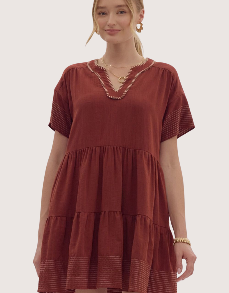 ENTRO Brown Contrast Stitch Tiered Short Sleeve V-Neck Dress