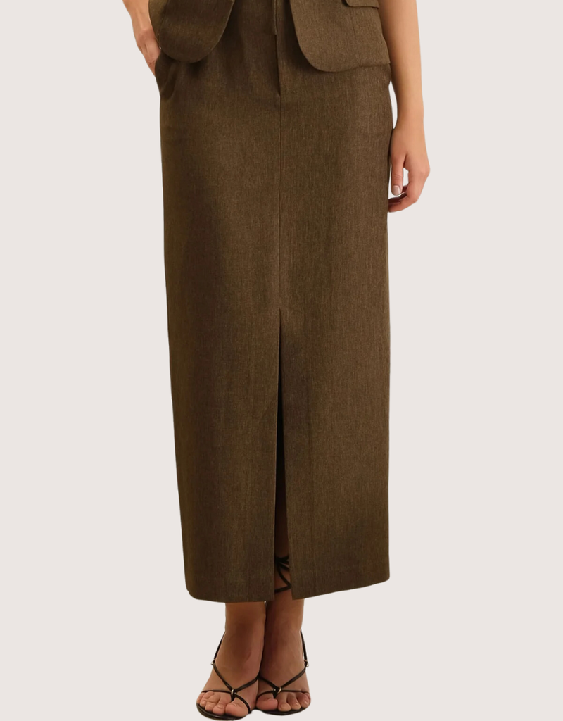 BLU PEPPER Front Slit Midi Pencil Skirt Brown