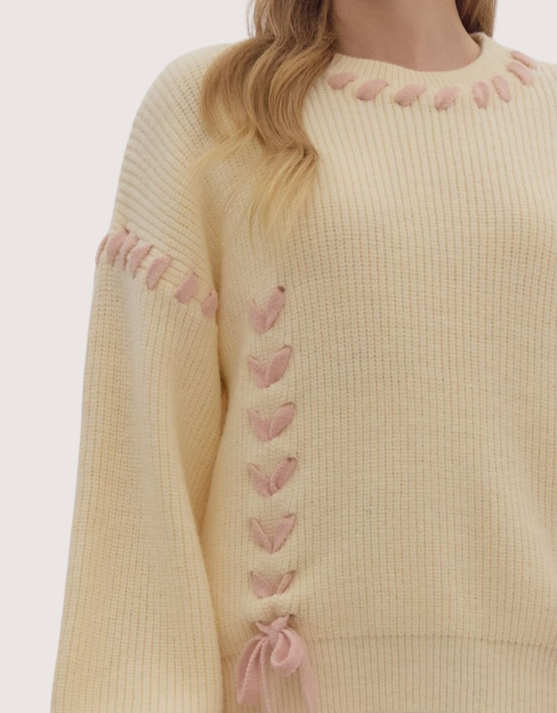 ENTRO Cream Solid Round Neck Long Sleeve Sweater