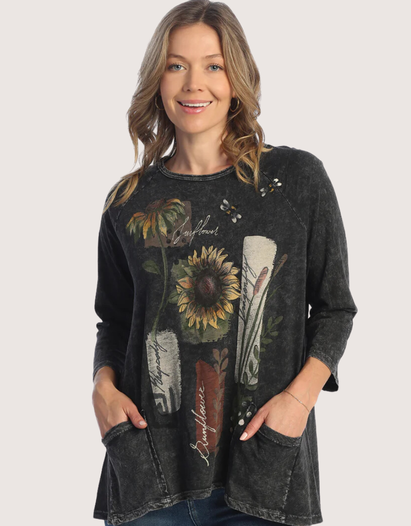 JESS & JANE Black Collage Slub Patch Pockets Tunic Top