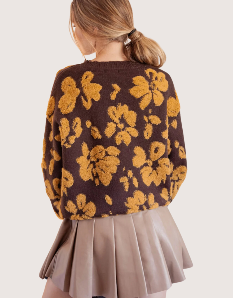 BLU PEPPER Floral Distressed Terry Sweater Brown