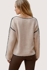 BLU PEPPER Contrast Stitch Long Sleeve Knit Sweater Oatmeal