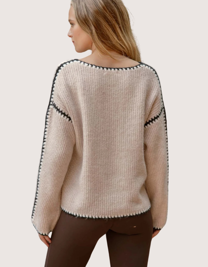 BLU PEPPER Contrast Stitch Long Sleeve Knit Sweater Oatmeal