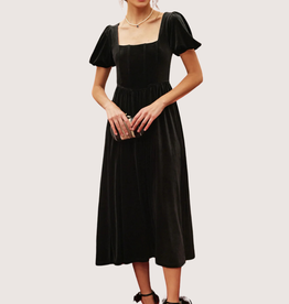 BLU PEPPER Black Velvet Corset Puff Sleeve Midi Dress