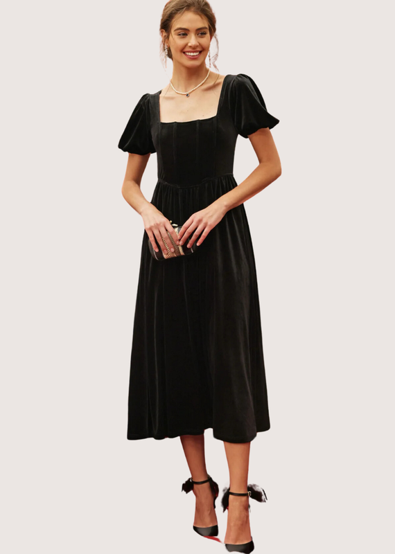 BLU PEPPER Black Velvet Corset Puff Sleeve Midi Dress