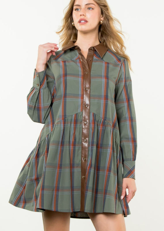 THML Olive and Brown Plaid Dress