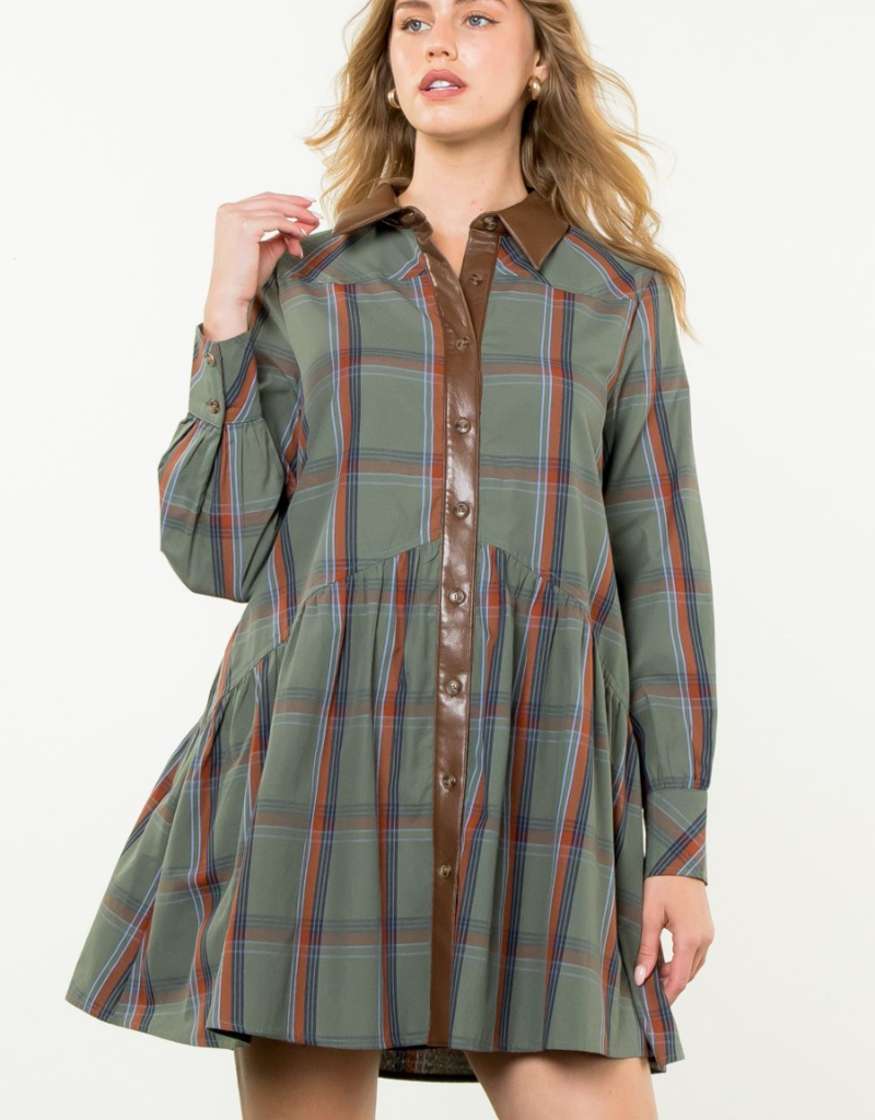 THML Olive and Brown Plaid Dress