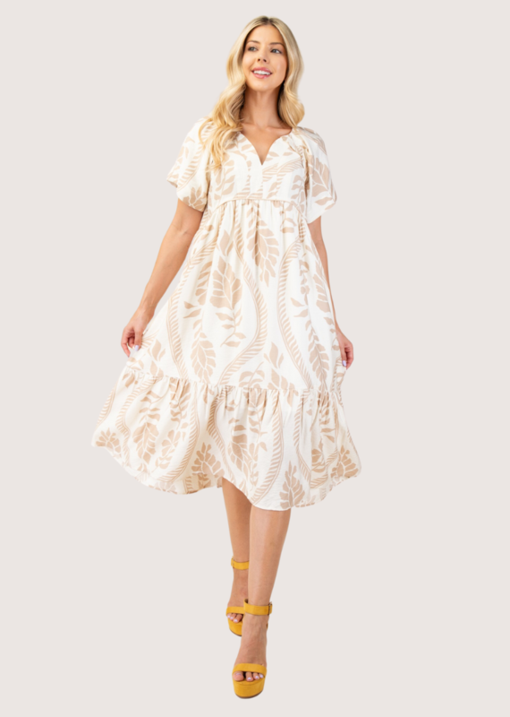 GIGIO V-Neck Short Sleeve Midi Dress Beige
