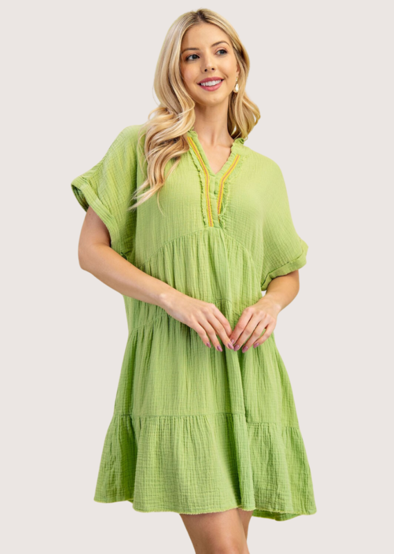 GIGIO Collared Gauze Dress with an Embroidered V-Neck Apple Green