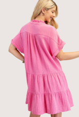 GIGIO Collared Gauze Dress with an Embroidered V-Neck Pink