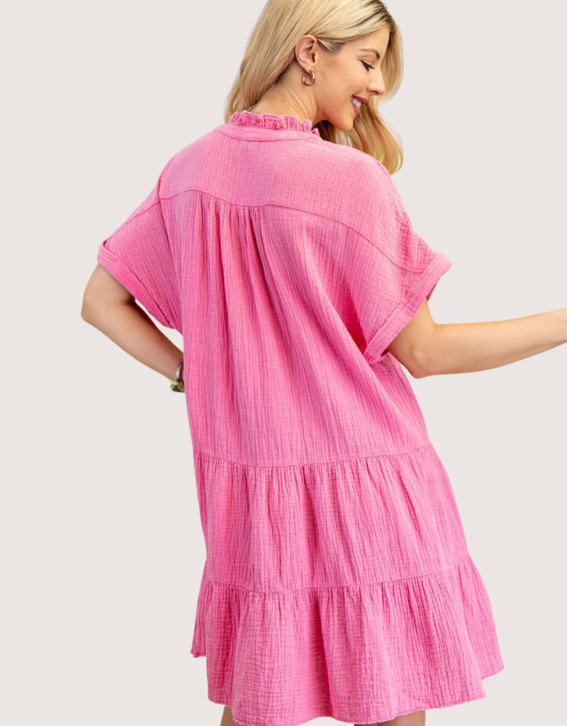 GIGIO Collared Gauze Dress with an Embroidered V-Neck Pink