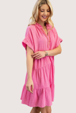 GIGIO Collared Gauze Dress with an Embroidered V-Neck Pink