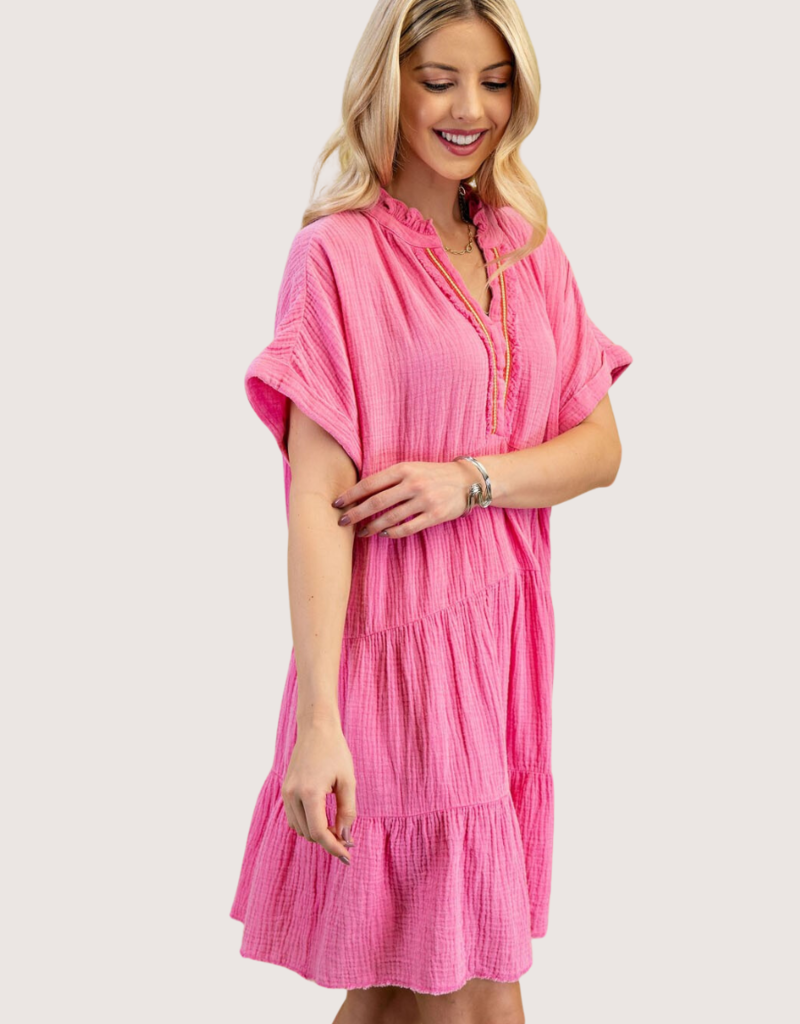 GIGIO Collared Gauze Dress with an Embroidered V-Neck Pink