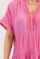GIGIO Collared Gauze Dress with an Embroidered V-Neck Pink