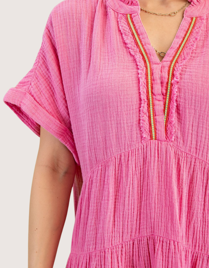 GIGIO Collared Gauze Dress with an Embroidered V-Neck Pink