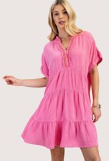 GIGIO Collared Gauze Dress with an Embroidered V-Neck Pink