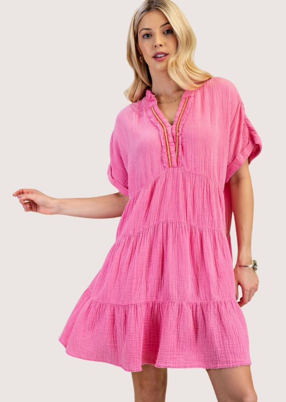 GIGIO Collared Gauze Dress with an Embroidered V-Neck Pink