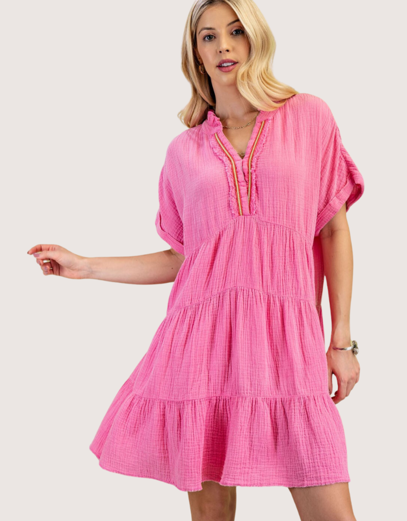 GIGIO Collared Gauze Dress with an Embroidered V-Neck Pink