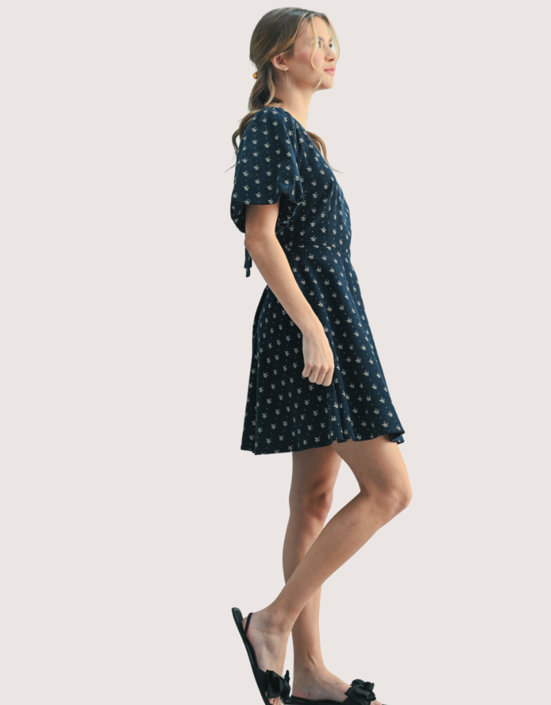 WISHLIST Floral Corduroy Puff Sleeve Mini Dress Navy