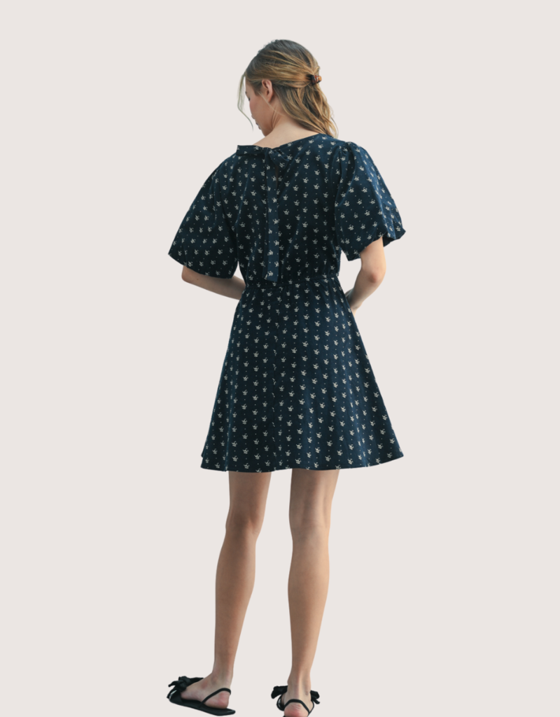 WISHLIST Floral Corduroy Puff Sleeve Mini Dress Navy