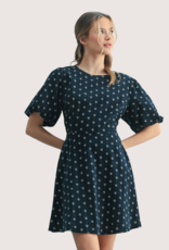 WISHLIST Floral Corduroy Puff Sleeve Mini Dress Navy