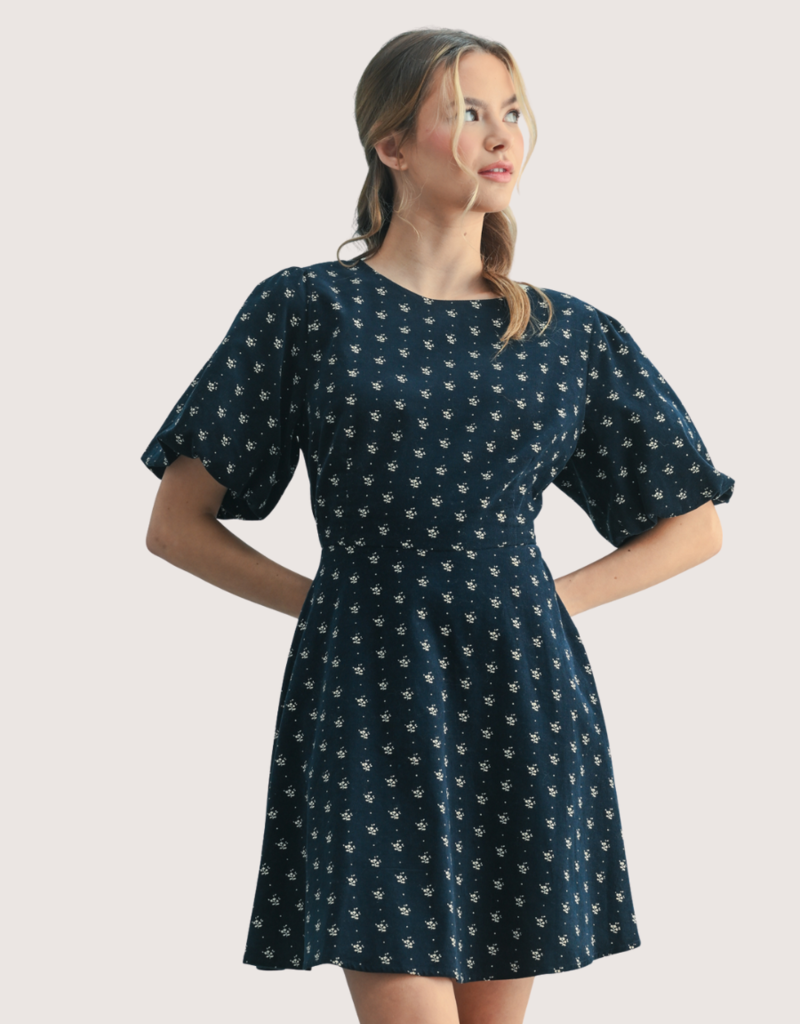 WISHLIST Floral Corduroy Puff Sleeve Mini Dress Navy