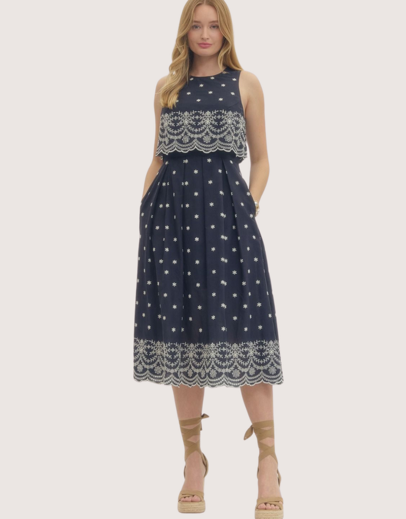 ENTRO Navy Embroidered Sleeveless Mini Dress