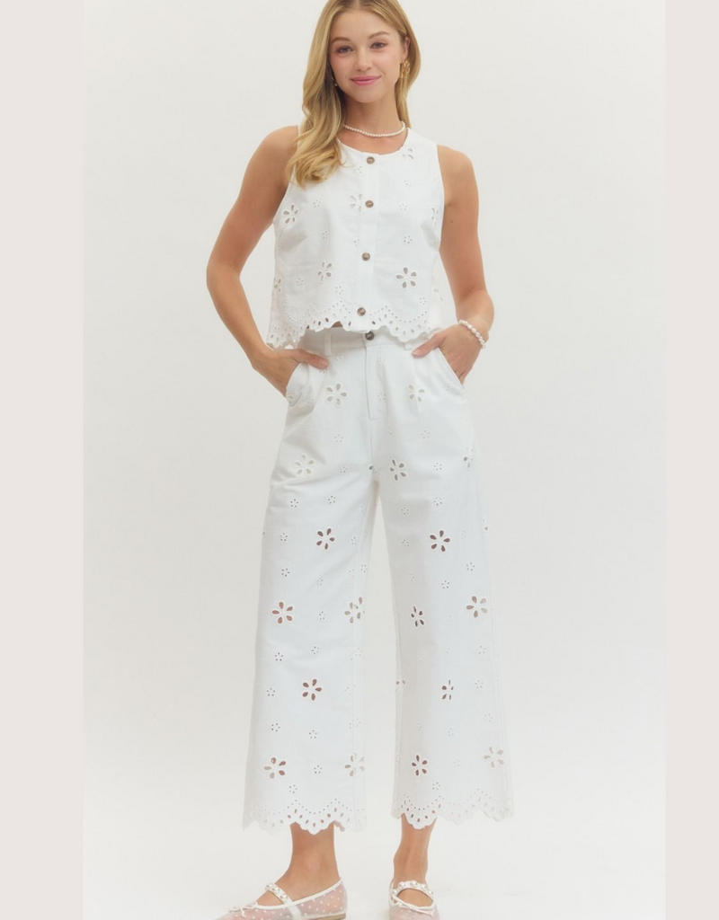 ENTRO White Eyelet Embroidered Top and Pant Set