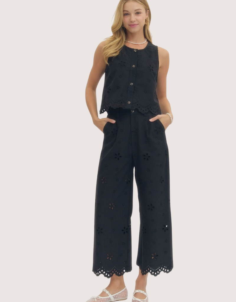 ENTRO Black  Eyelet Embroidered Top and Pant Set