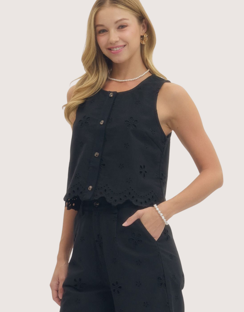 ENTRO Black  Eyelet Embroidered Top and Pant Set
