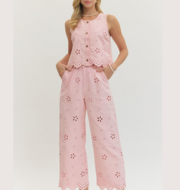 ENTRO Light Pink  Eyelet Embroidered Top and Pant Set
