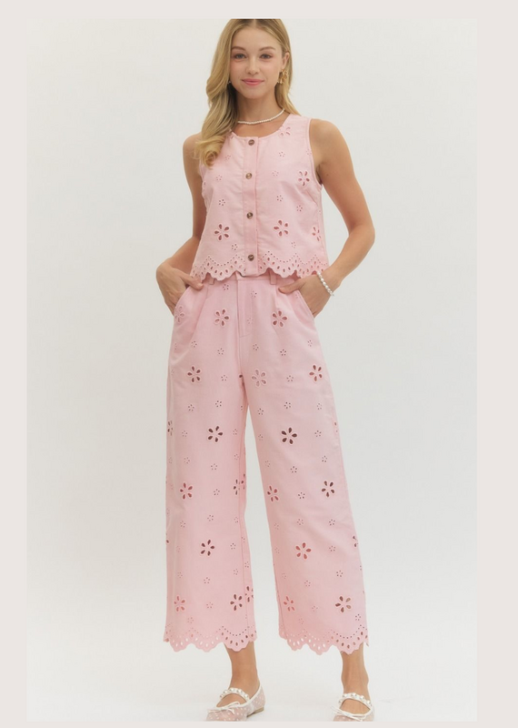 ENTRO Light Pink  Eyelet Embroidered Top and Pant Set