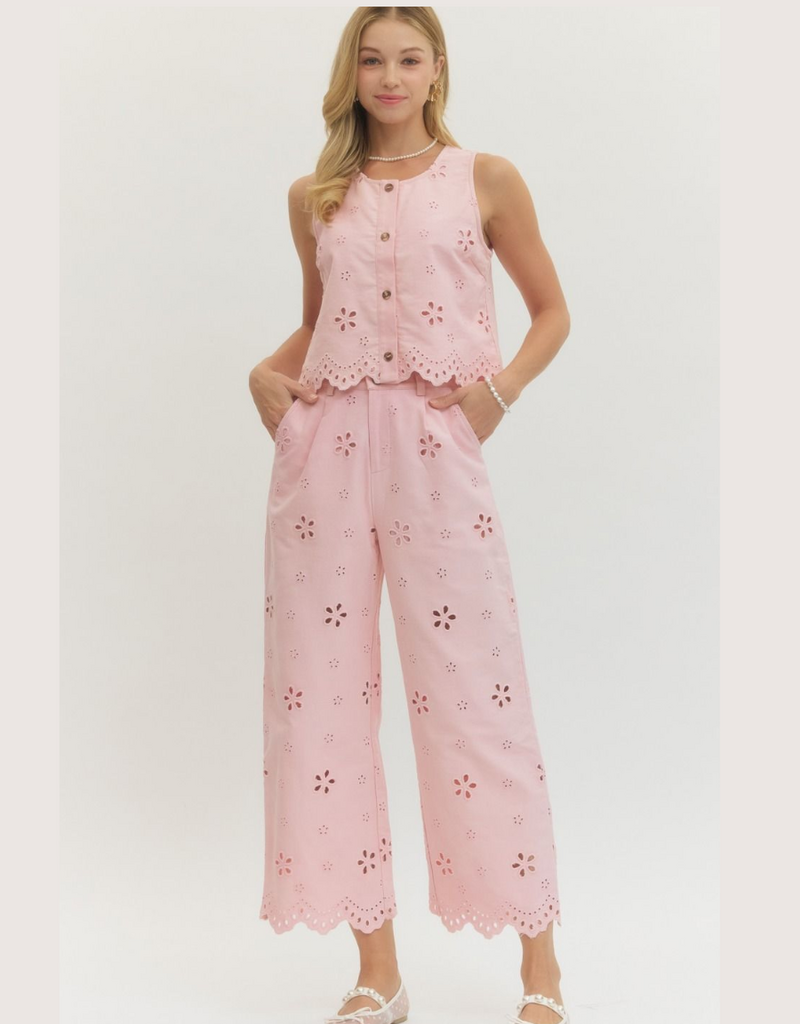 ENTRO Light Pink  Eyelet Embroidered Top and Pant Set