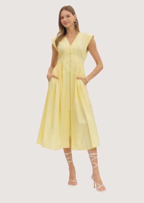 ENTRO Yellow Zip Front Midi Dress