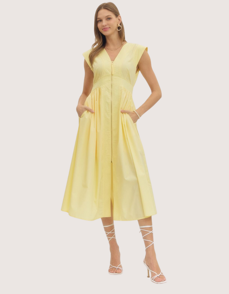 ENTRO Yellow Zip Front Midi Dress