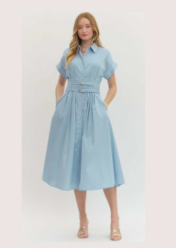 ENTRO Light Blue Collared Short Sleeve Mini Dress