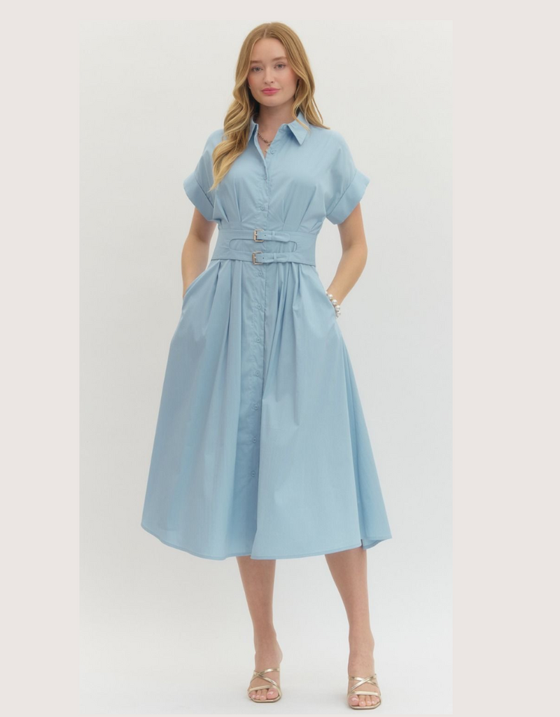 ENTRO Light Blue Collared Short Sleeve Mini Dress