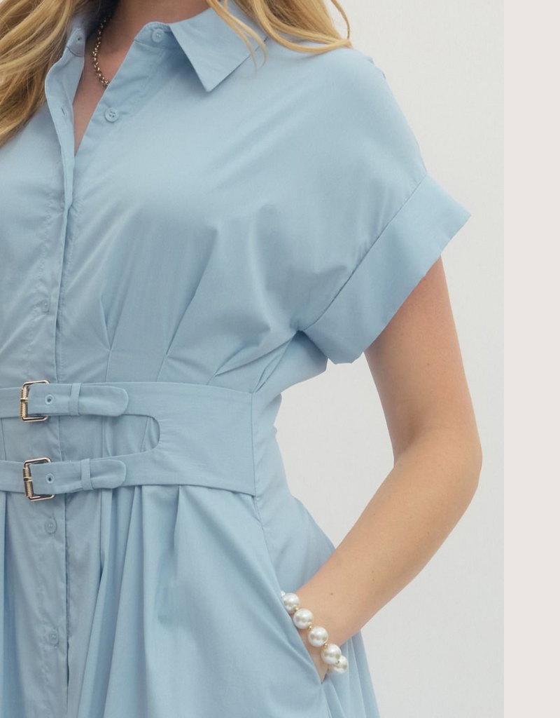 ENTRO Light Blue Collared Short Sleeve Mini Dress