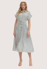 ENTRO Striped Collared Short Sleeve Midi Dress with Pleated Waist Off White