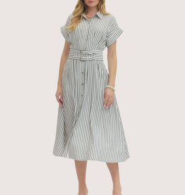 ENTRO Striped Collared Short Sleeve Midi Dress with Pleated Waist Off White