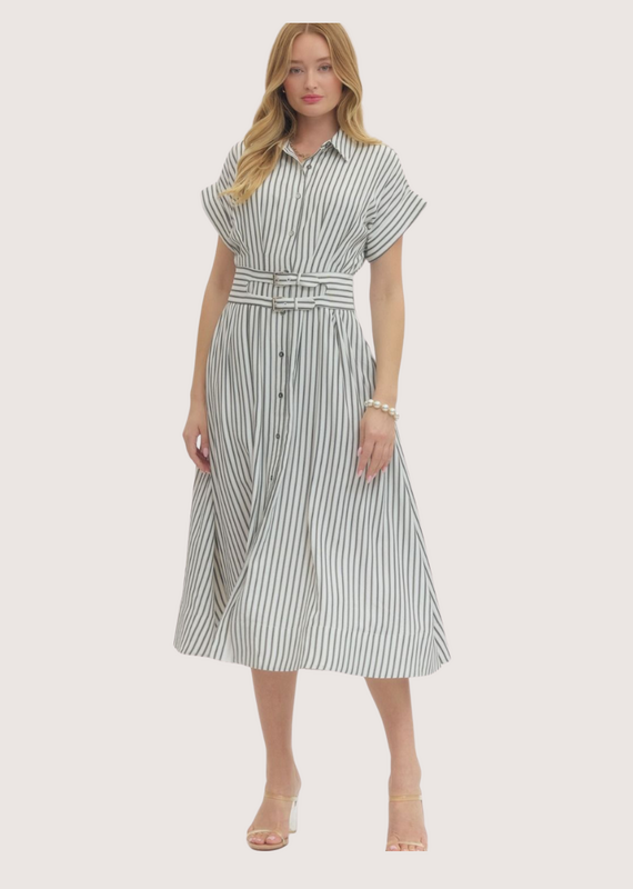 ENTRO Striped Collared Short Sleeve Midi Dress with Pleated Waist Off White