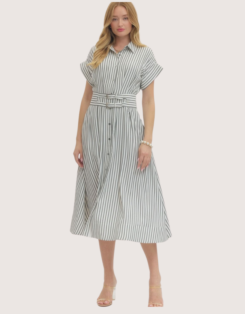 ENTRO Striped Collared Short Sleeve Midi Dress with Pleated Waist Off White